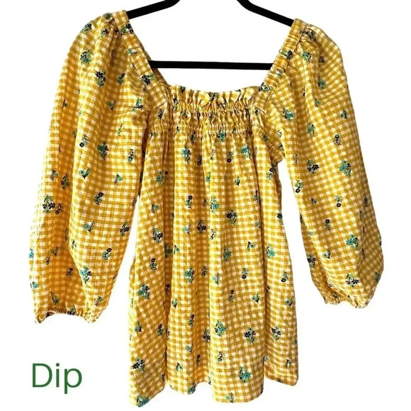 NWOT | YELLOW WHITE GINGHAM CHECK BOHO TOP RUCHED FLORAL PRINT | SIZE: MEDIUM - Picture 1 of 8